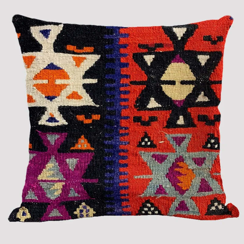 Bohemian patterned linen cushion cover with abstract ethnic geometry design