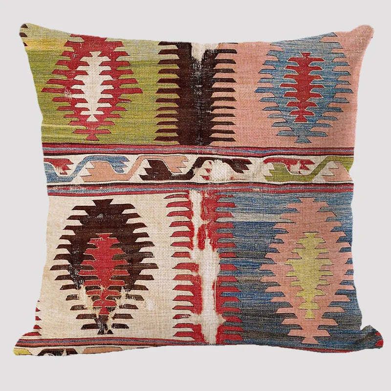 Bohemian patterned linen cushion cover with abstract ethnic geometry design