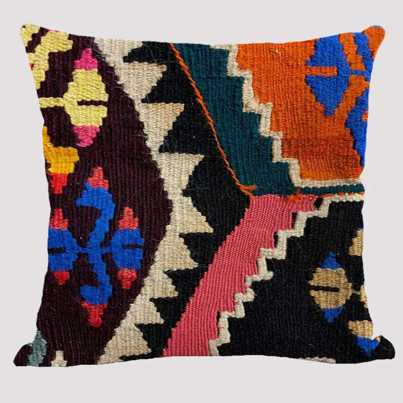 Bohemian patterned linen cushion cover with abstract ethnic geometry design