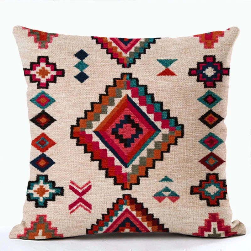 Bohemian patterned linen cushion cover with abstract ethnic geometry design