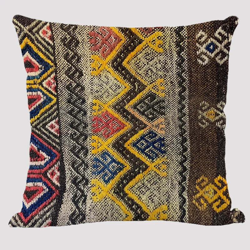 Bohemian patterned linen cushion cover with abstract ethnic geometry design