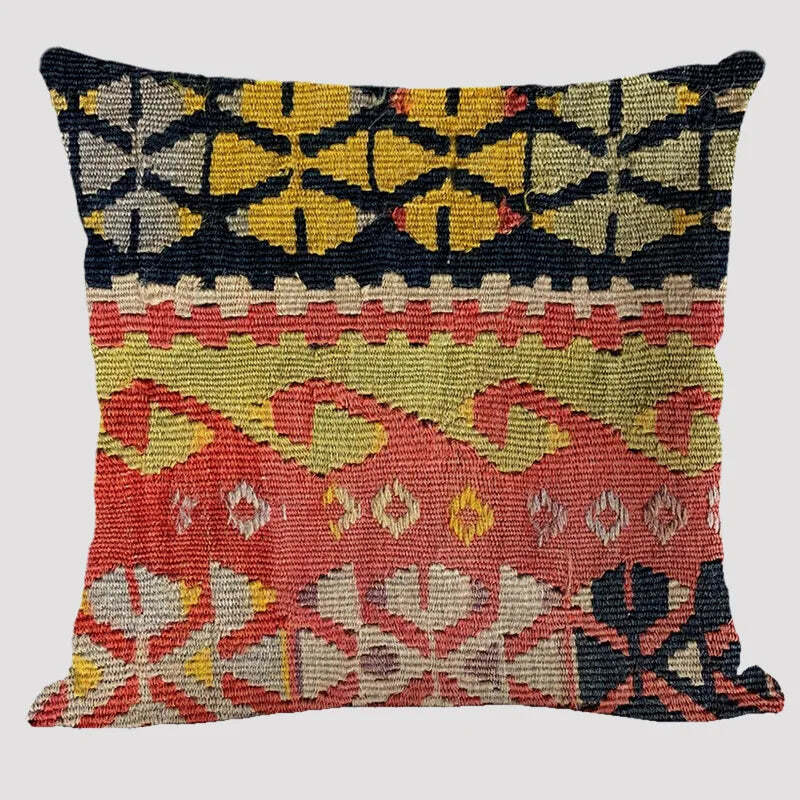 Bohemian patterned linen cushion cover with abstract ethnic geometry design