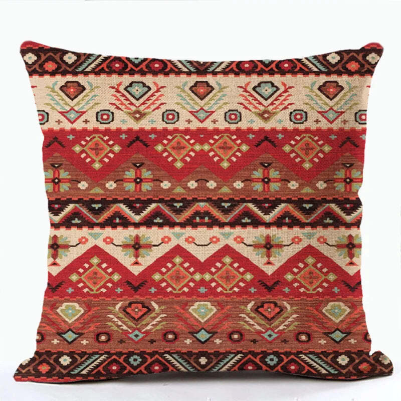 Bohemian patterned linen cushion cover with abstract ethnic geometry design