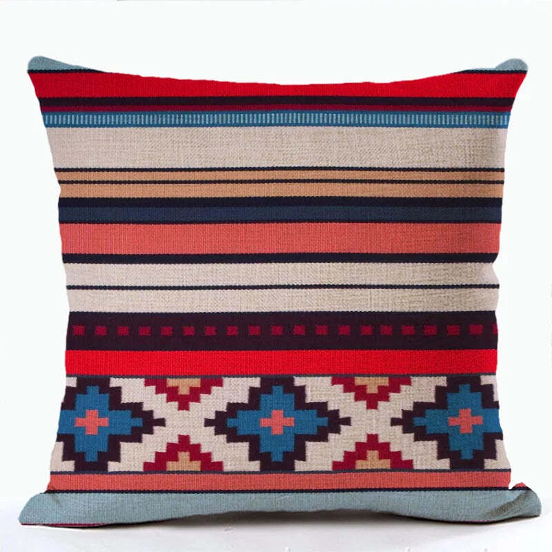 Bohemian patterned linen cushion cover with abstract ethnic geometry design