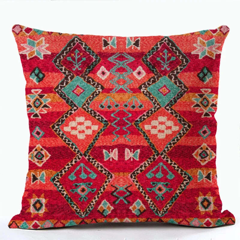 Bohemian patterned linen cushion cover with abstract ethnic geometry design