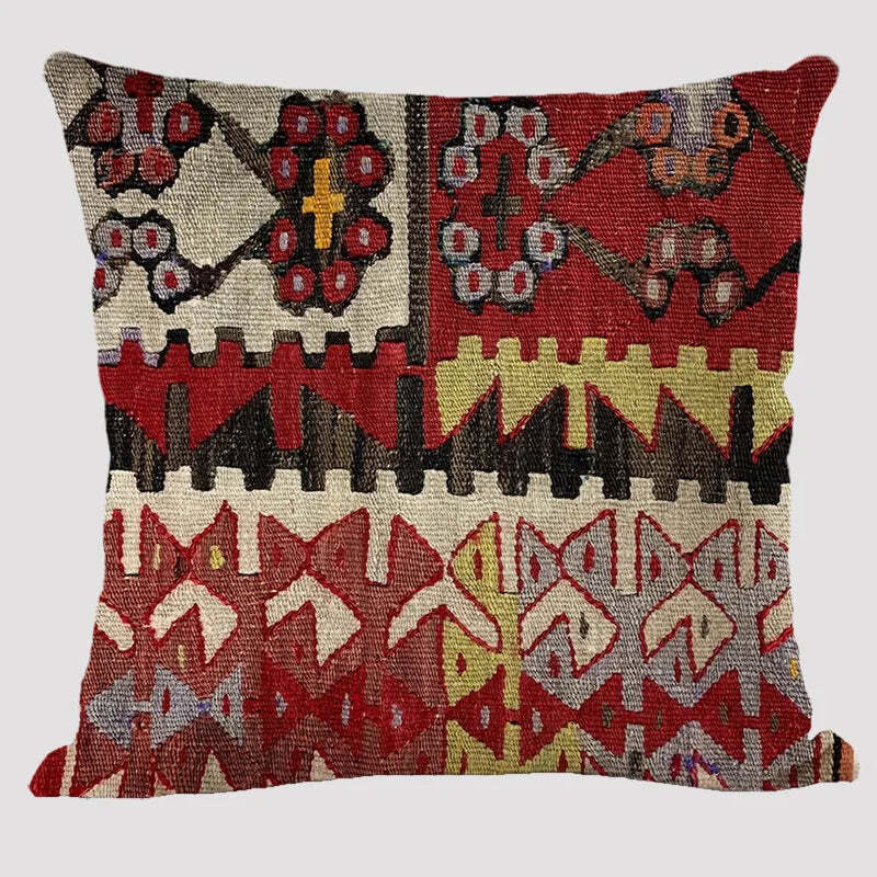 Bohemian patterned linen cushion cover with abstract ethnic geometry design