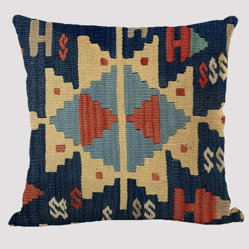 Bohemian patterned linen cushion cover with abstract ethnic geometry design