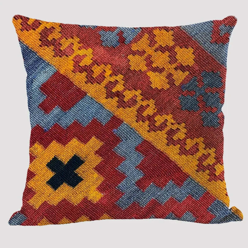 Bohemian patterned linen cushion cover with abstract ethnic geometry design