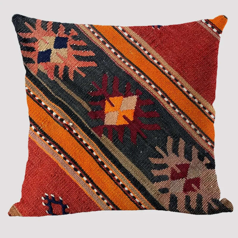 Bohemian patterned linen cushion cover with abstract ethnic geometry design