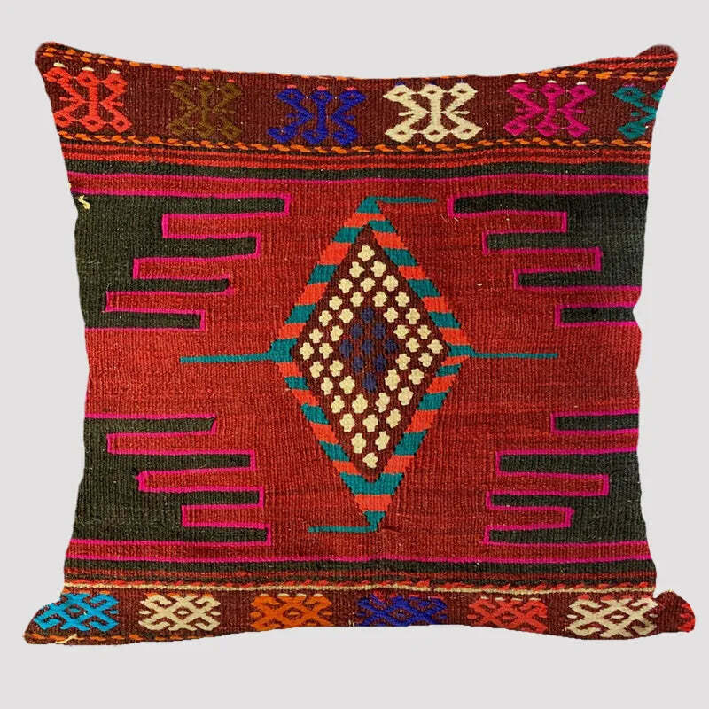 Bohemian patterned linen cushion cover with abstract ethnic geometry design