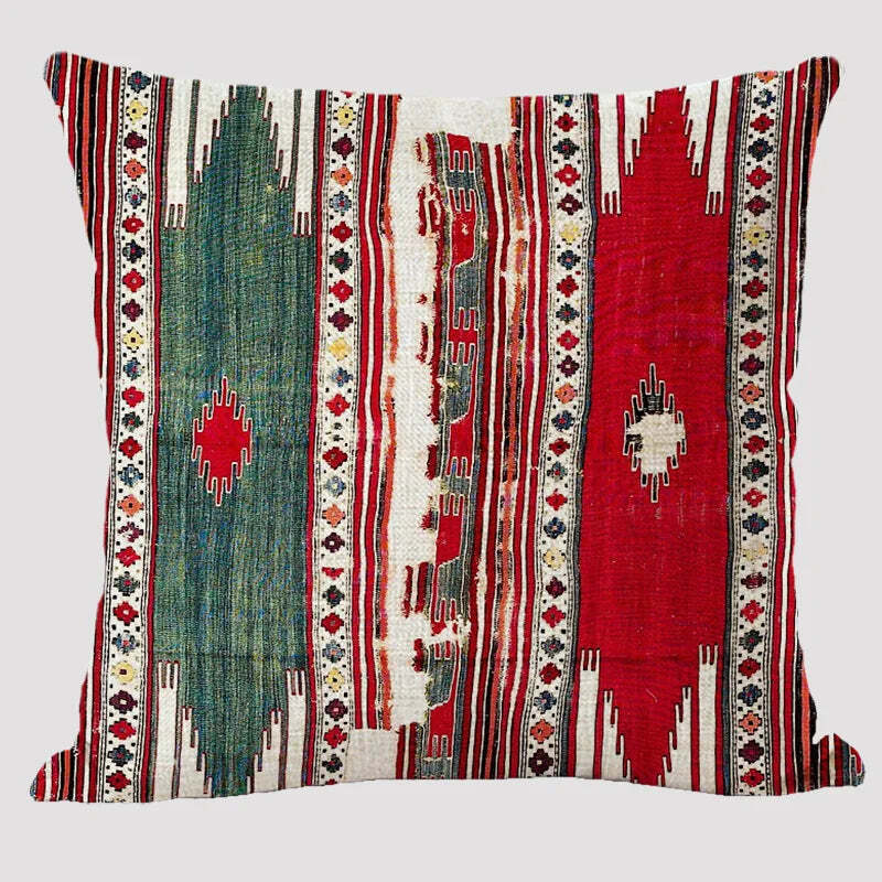 Bohemian patterned linen cushion cover with abstract ethnic geometry design