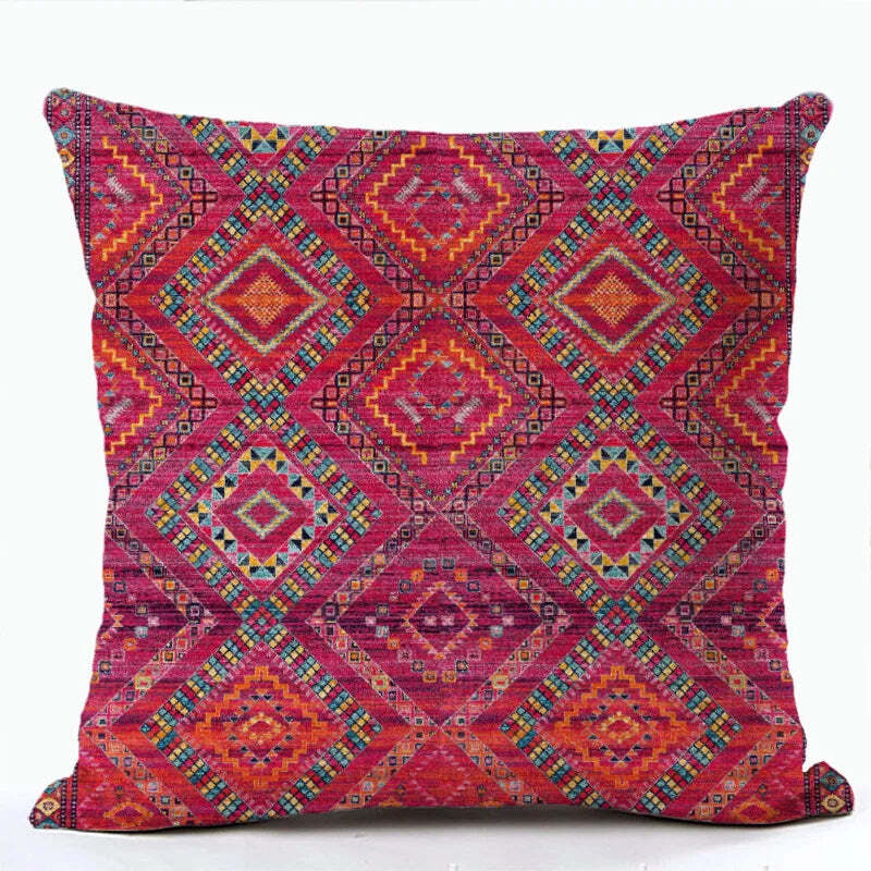 Bohemian patterned linen cushion cover with abstract ethnic geometry design