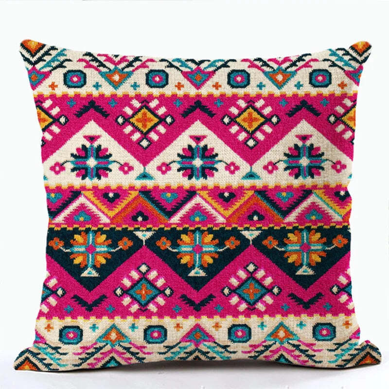 Bohemian patterned linen cushion cover with abstract ethnic geometry design