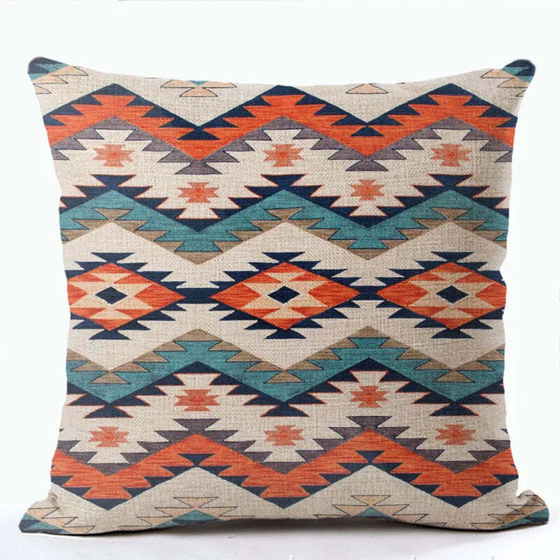 Bohemian patterned linen cushion cover with abstract ethnic geometry design