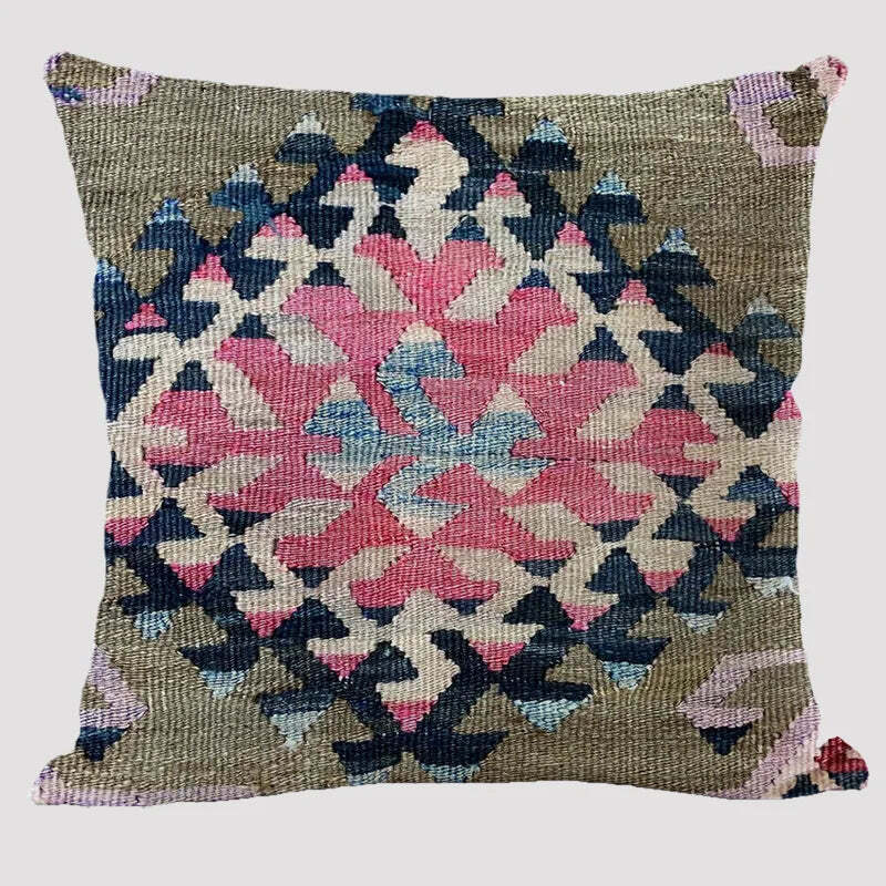 Bohemian patterned linen cushion cover with abstract ethnic geometry design