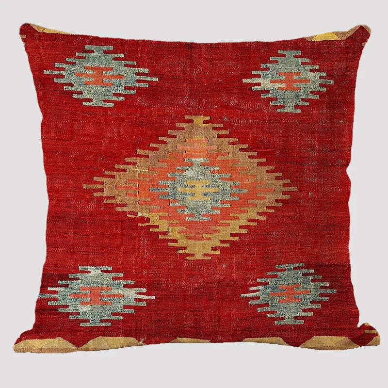 Bohemian patterned linen cushion cover with abstract ethnic geometry design