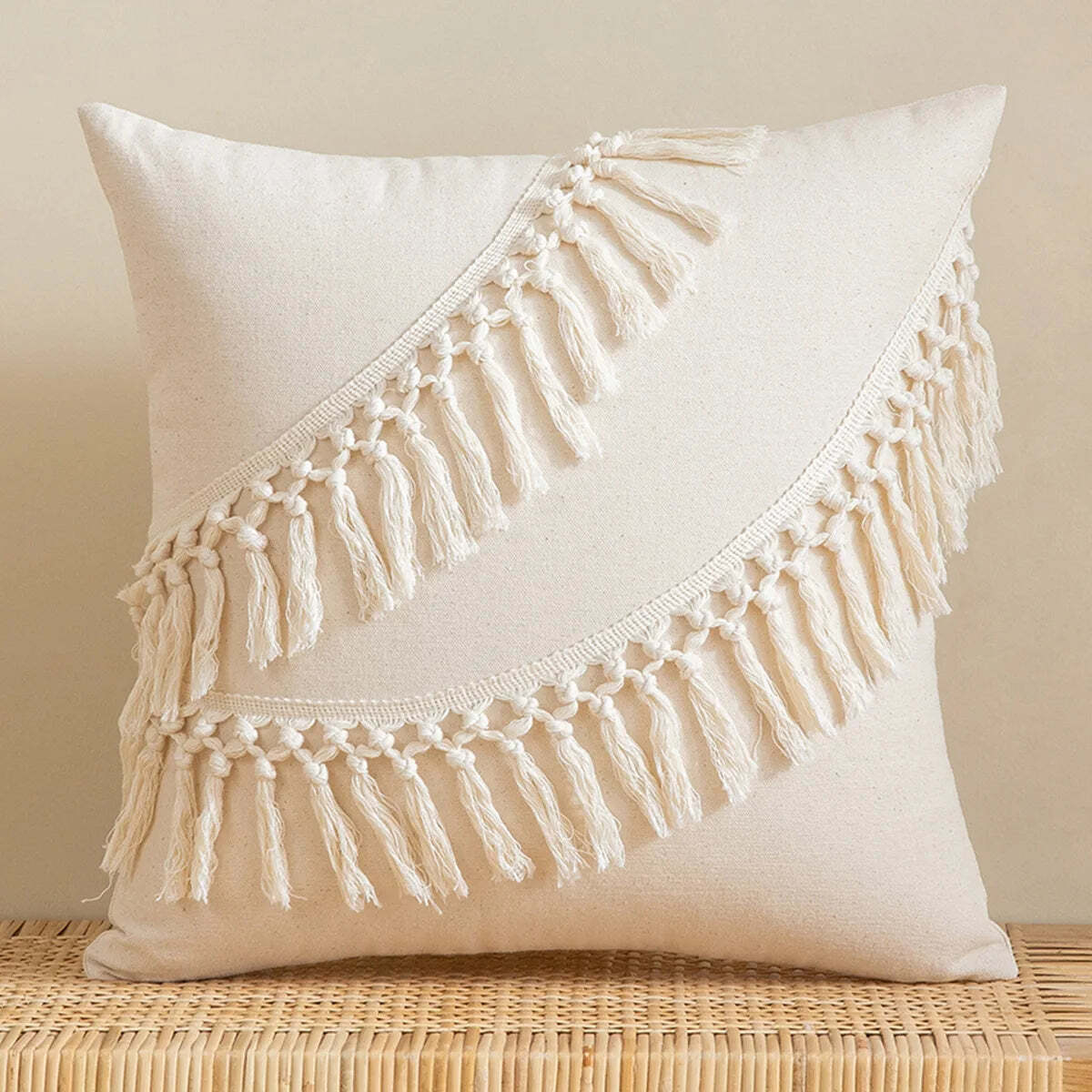 Boho fringe throw pillow cover in natural cotton and linen