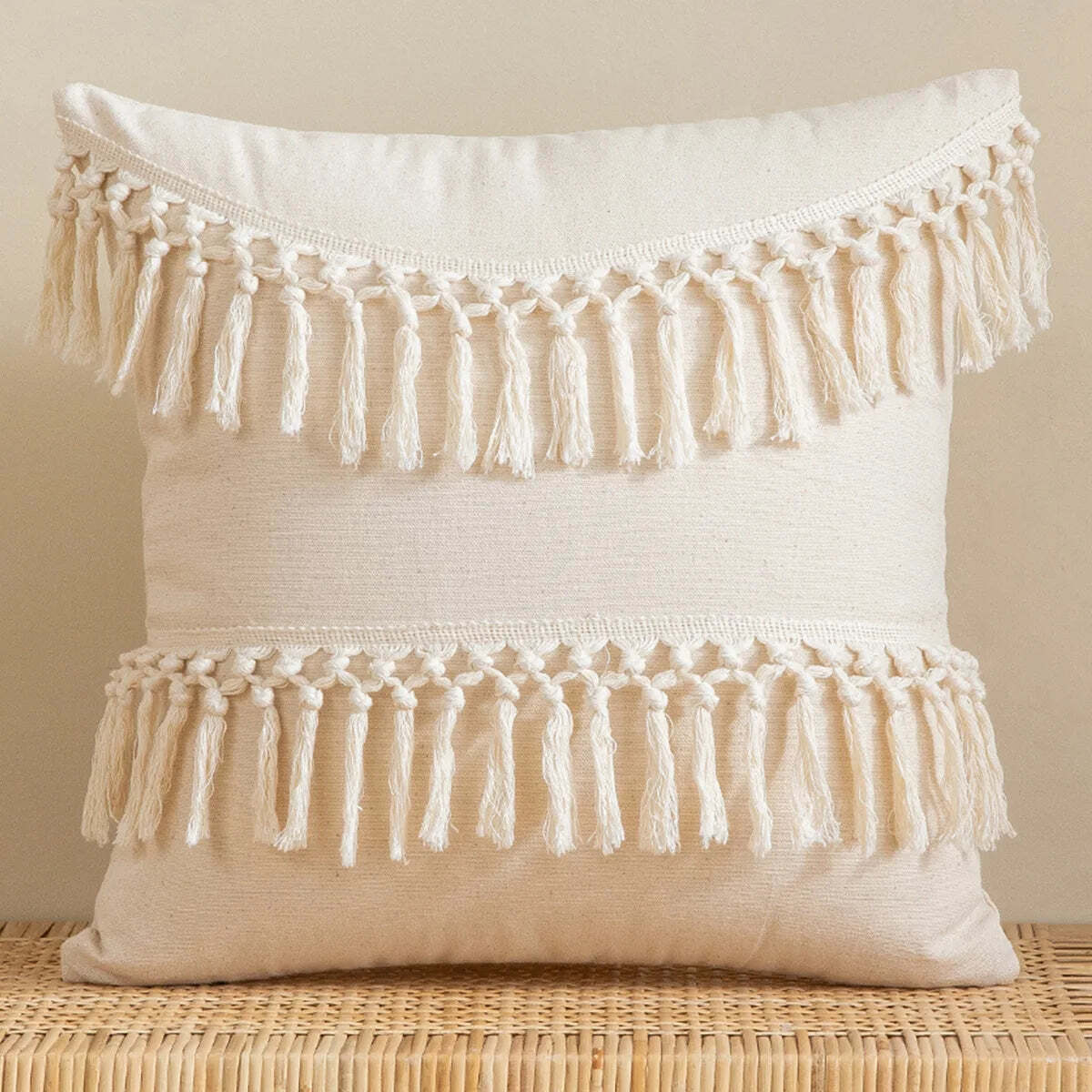 Boho fringe throw pillow cover in natural cotton and linen