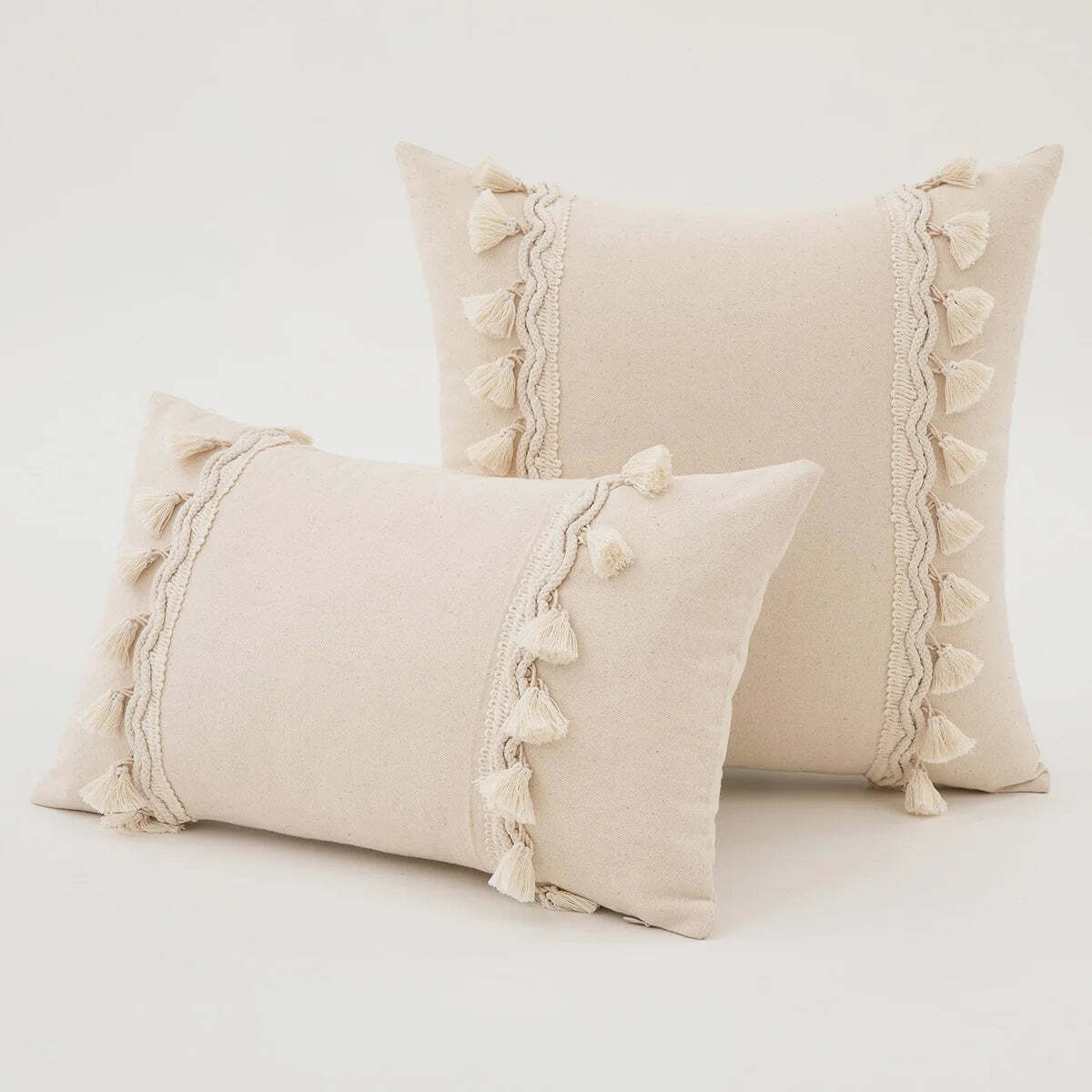 Boho fringe throw pillow cover in natural cotton and linen