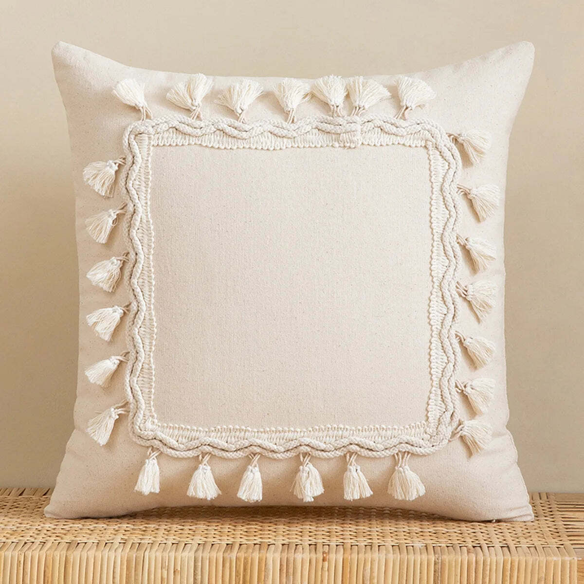 Boho fringe throw pillow cover in natural cotton and linen