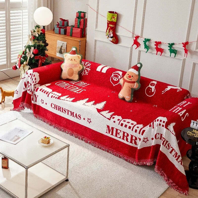 Christmas red sofa blanket with tassels, Nordic style throw for couch cover and furniture protection