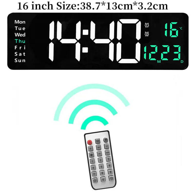 Digital wall clock with temperature, date, and dual alarms - remote control and power-off memory