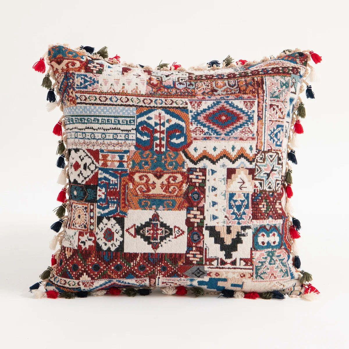 Embroidered boho throw pillow cover with tassels for stylish home décor