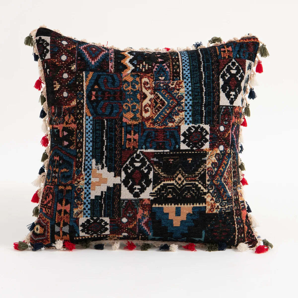 Embroidered boho throw pillow cover with tassels for stylish home décor