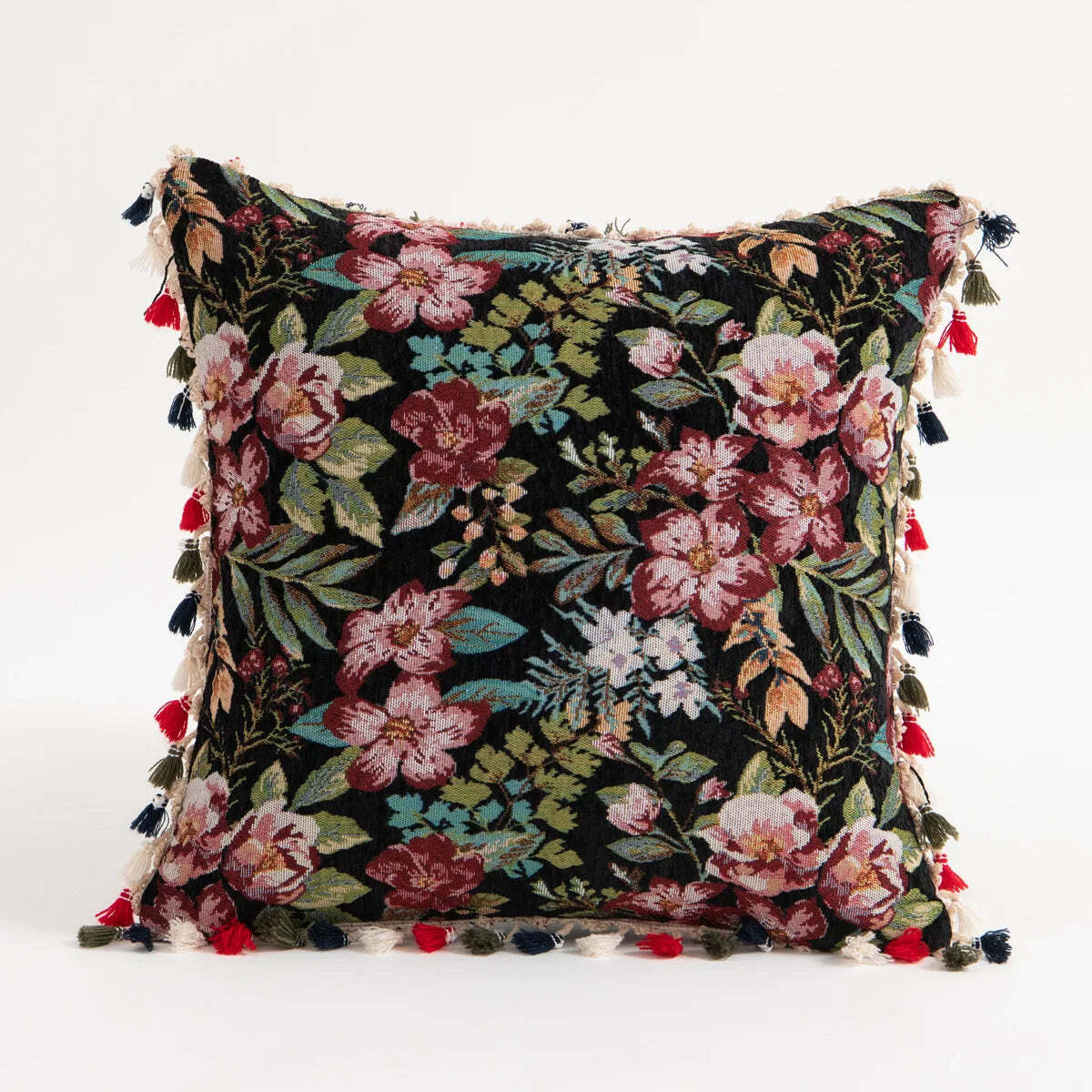 Embroidered boho throw pillow cover with tassels for stylish home décor