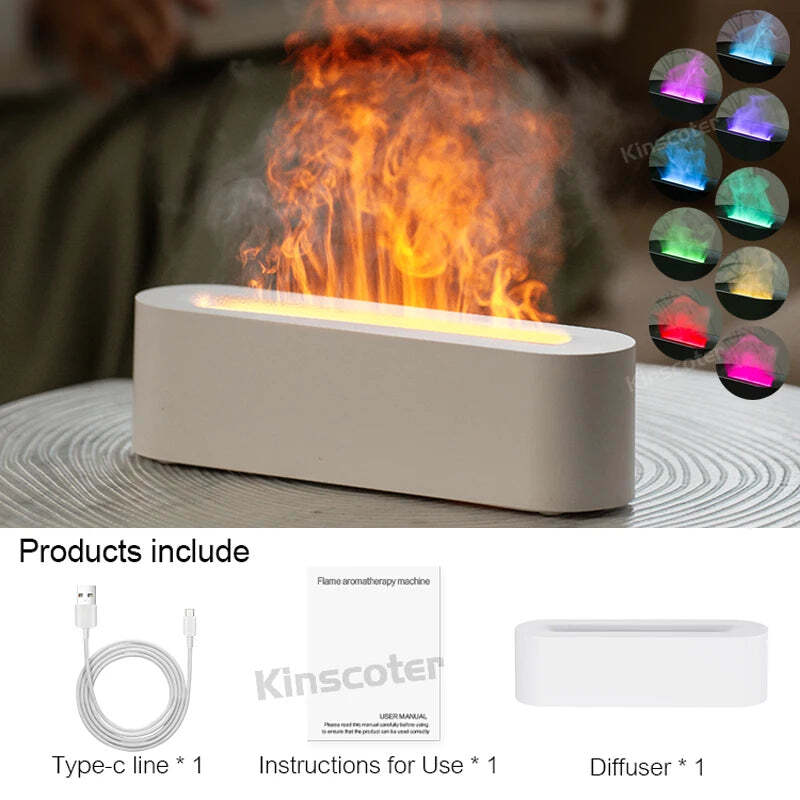 Flame aroma diffuser with realistic fire night light and essential oil nebulizer