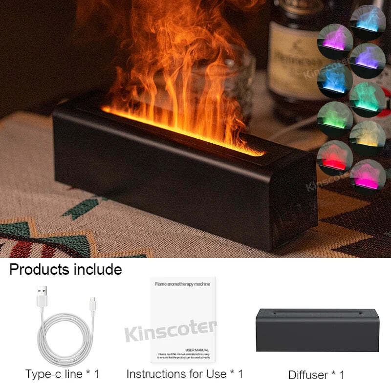 Flame aroma diffuser with realistic fire night light and essential oil nebulizer