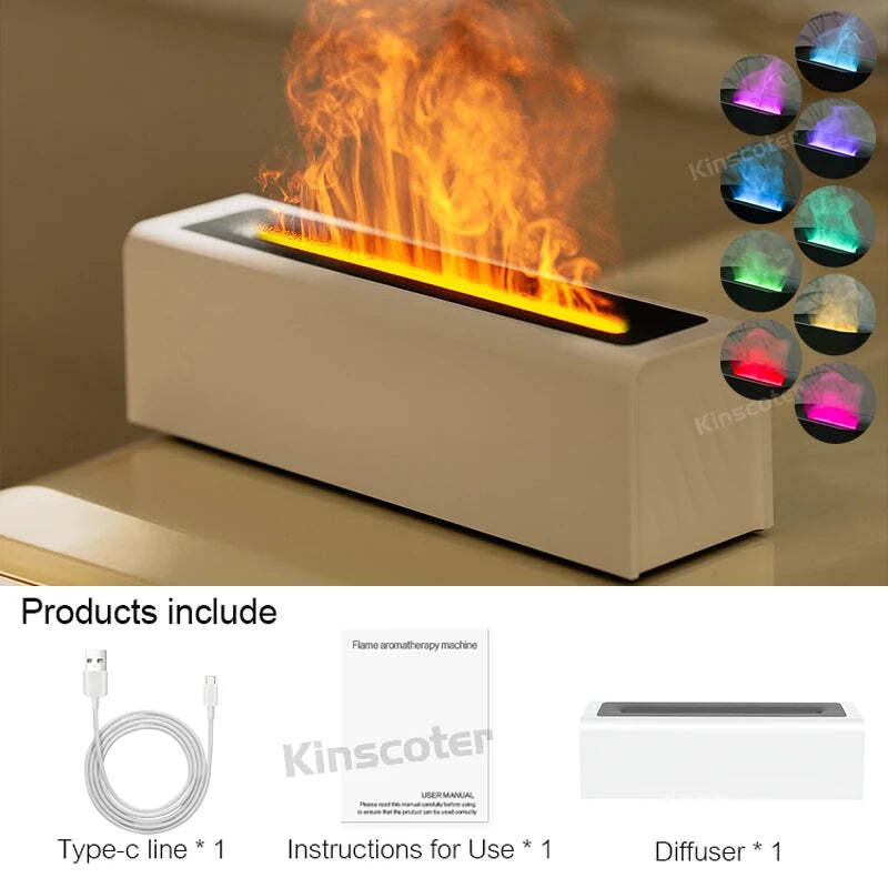 Flame aroma diffuser with realistic fire night light and essential oil nebulizer