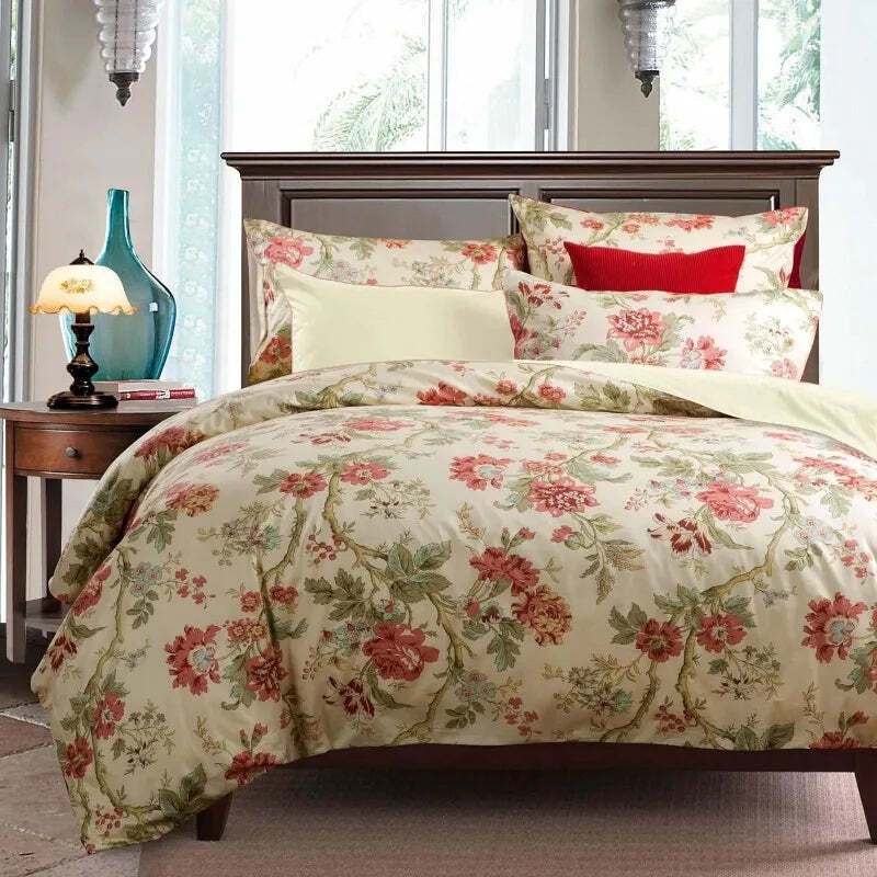 Floral cotton duvet cover set with hidden zipper and pillowcases