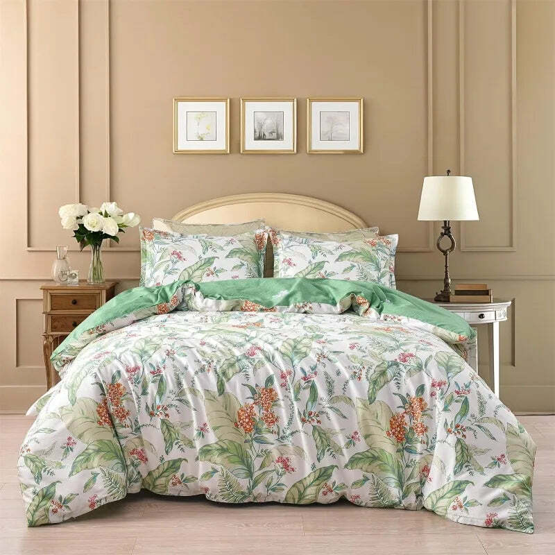 Floral cotton duvet cover set with hidden zipper and pillowcases