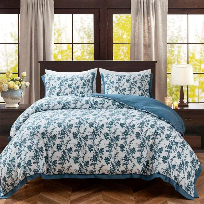 Floral cotton duvet cover set with hidden zipper and pillowcases