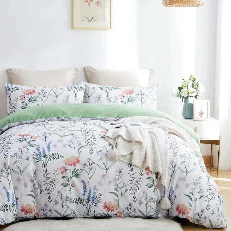 Floral cotton duvet cover set with hidden zipper and pillowcases