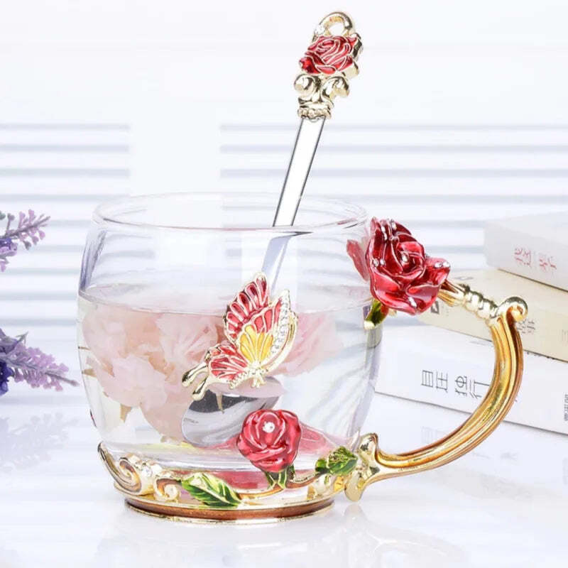 Handmade enamel crystal glass coffee mug gift with spoon