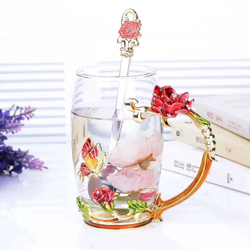 Handmade enamel crystal glass coffee mug gift with spoon