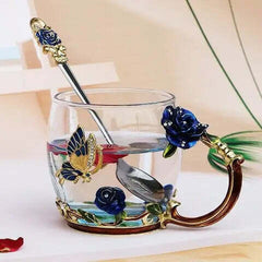 Handmade enamel crystal glass coffee mug gift with spoon