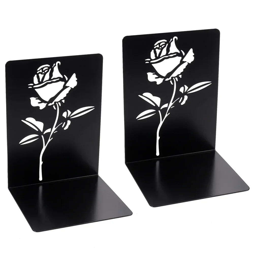 Hollow out black metal bookends for home and office desk support