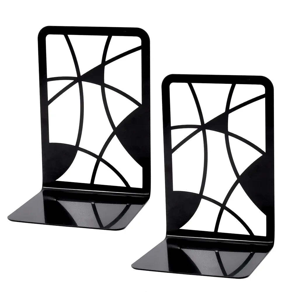 Hollow out black metal bookends for home and office desk support