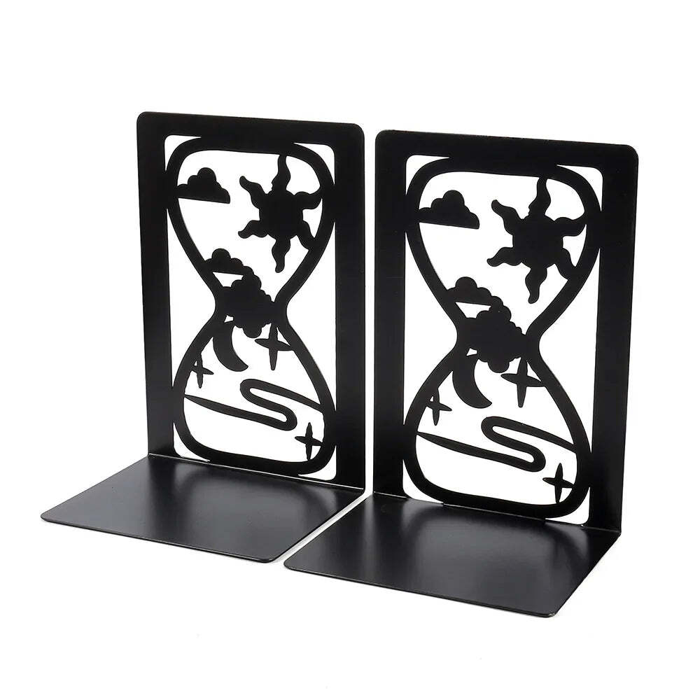 Hollow out black metal bookends for home and office desk support