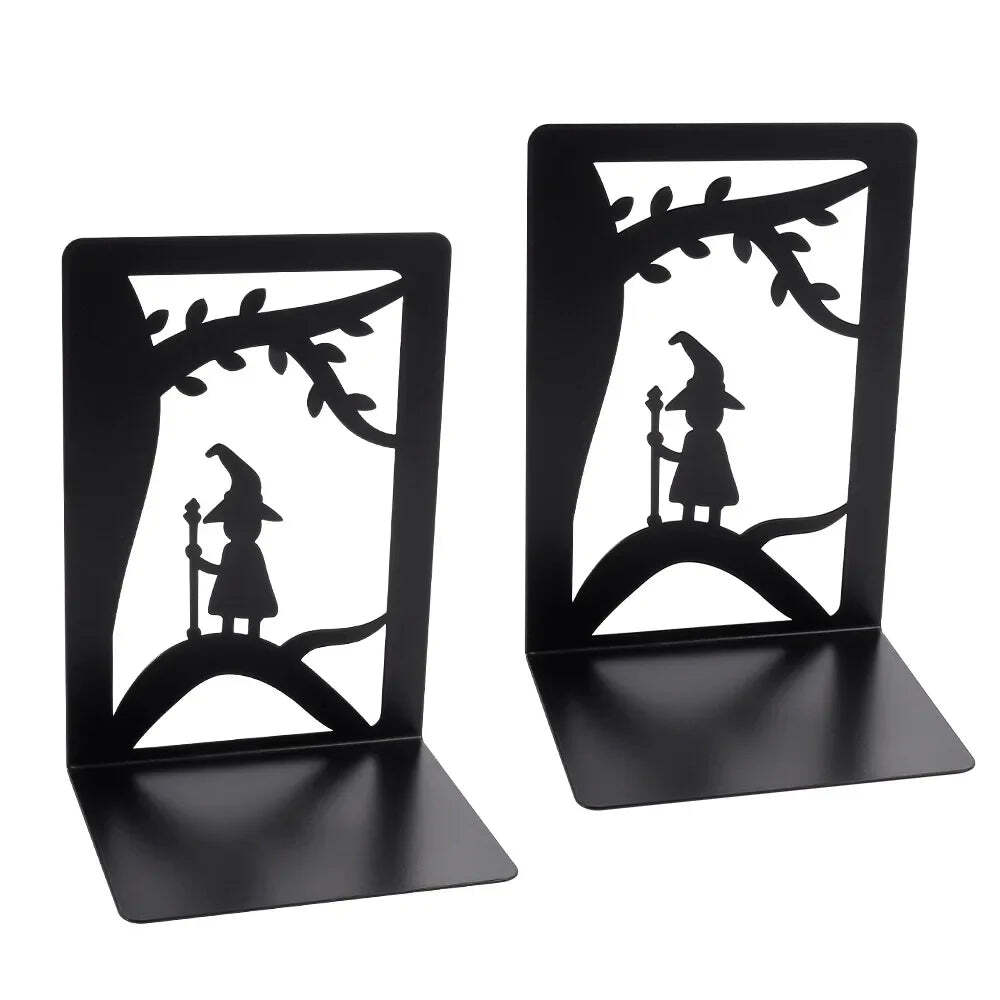 Hollow out black metal bookends for home and office desk support