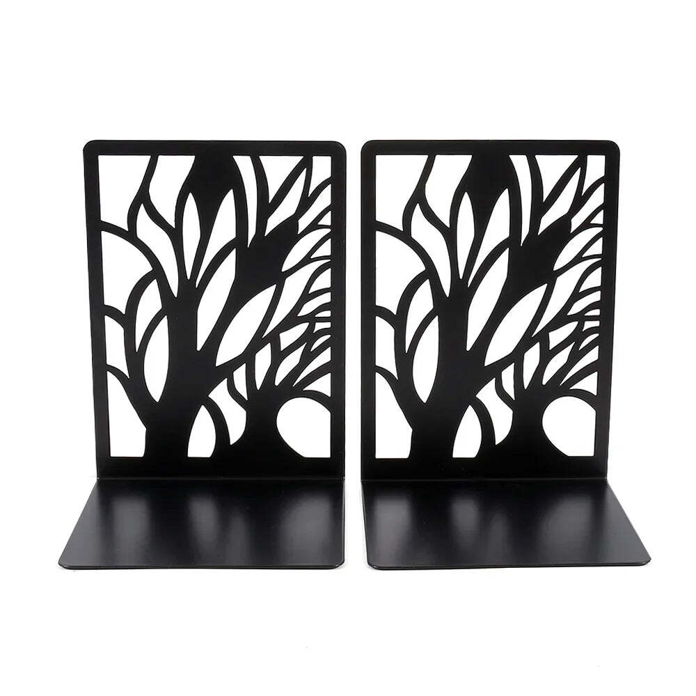 Hollow out black metal bookends for home and office desk support