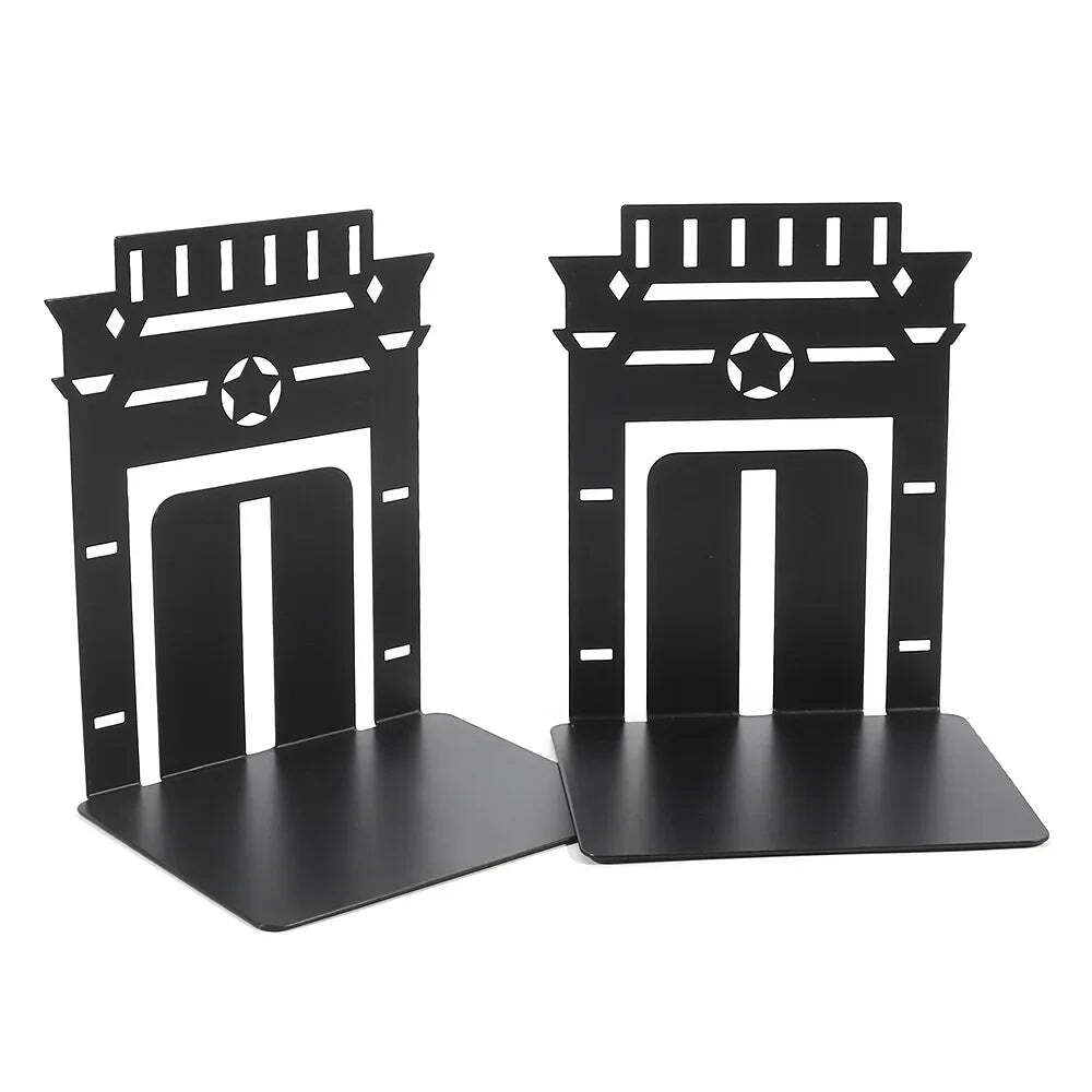 Hollow out black metal bookends for home and office desk support