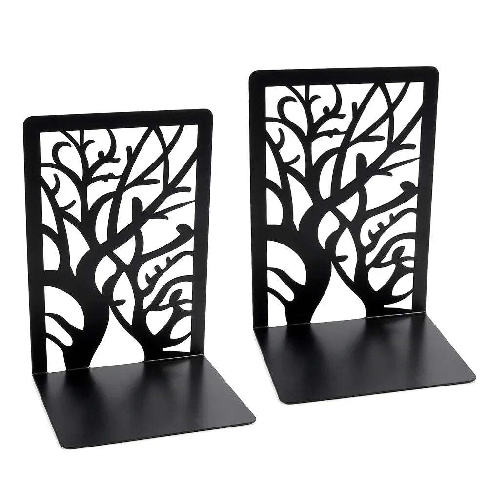 Hollow out black metal bookends for home and office desk support