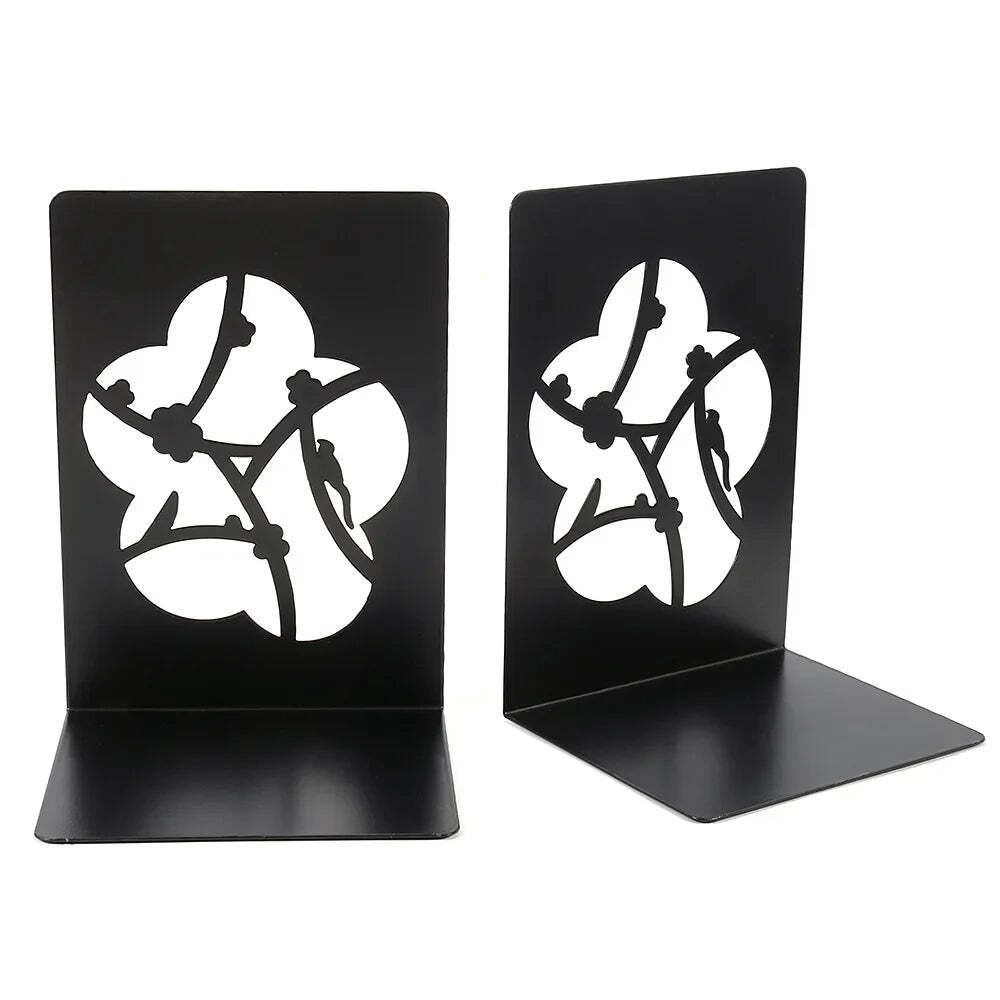 Hollow out black metal bookends for home and office desk support