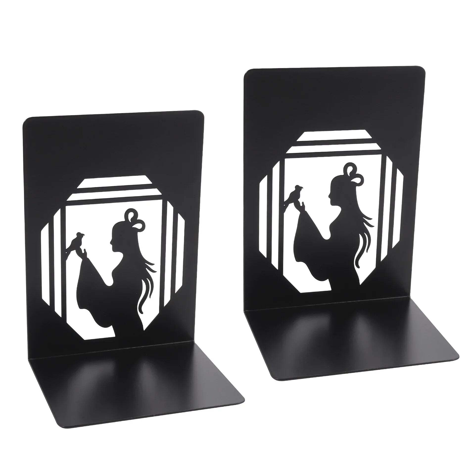 Hollow out black metal bookends for home and office desk support