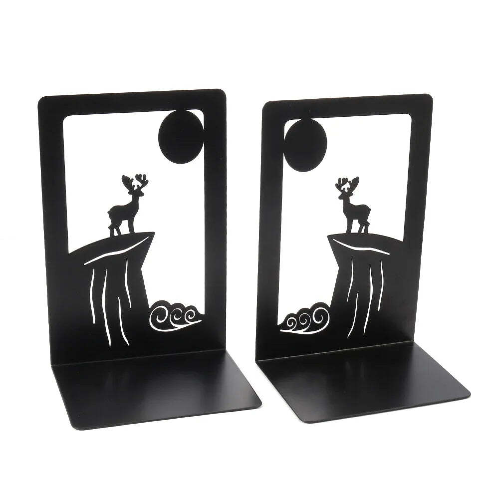 Hollow out black metal bookends for home and office desk support