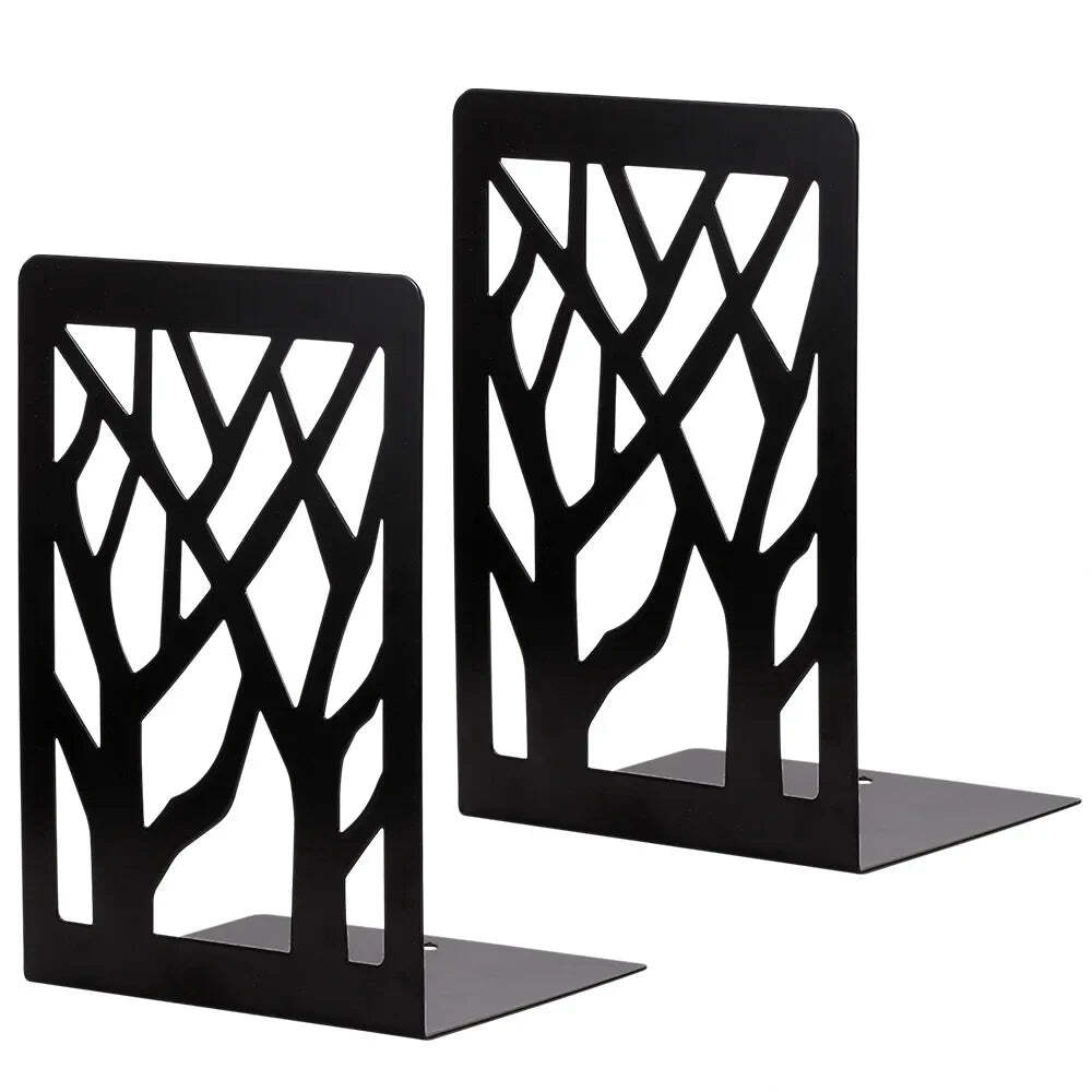 Hollow out black metal bookends for home and office desk support